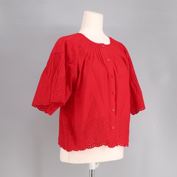 J.CREW Jolie Top Eyelet Cotton Poplin Pintuck Scalloped Edges Red Size M - Picture 4 of 11